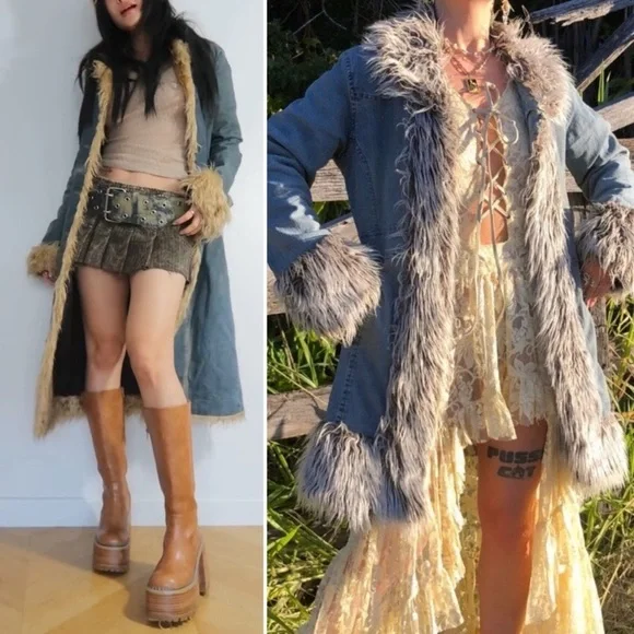 Retro STEVE MADDEN Coat Vintage LONG ISLAND CITY Penny Lane Denim Fur Size Large - Picture 12 of 13